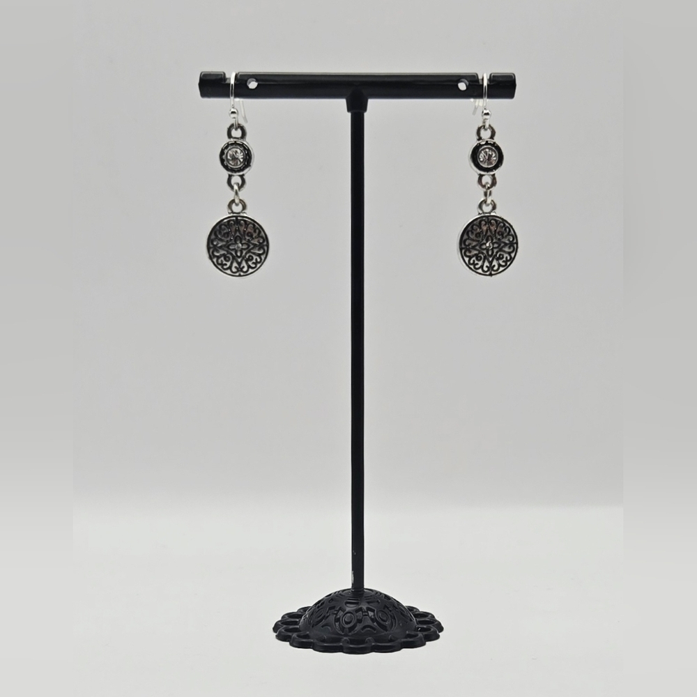Lia Sophia Silver Tone Filigree Medallion Dangle Earrings Rhinestone Boho